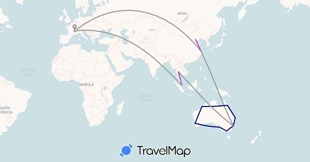 TravelMap itinerary: driving, plane, train in Australia, China, France, Singapore, Thailand (Asia, Europe, Oceania)